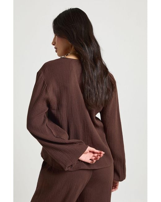 Boohoo Brown Cheesecloth Tie Front Top
