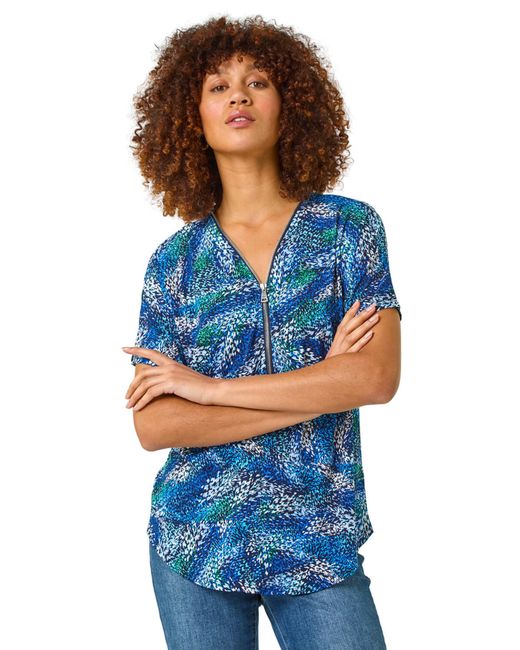 Roman Blue Textured Print Zip Stretch Top