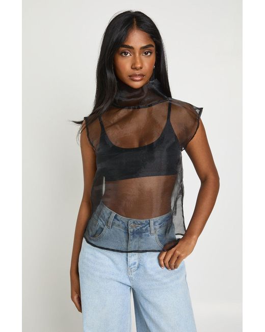 Boohoo Black Organza Funnel Neck Sleeveless Blouse