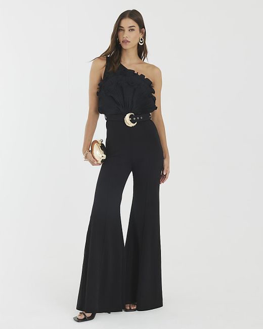 River Island Blue Jumpsuit 3D Ruffle Belted One Shoulder