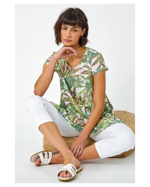 Roman Green Tropical Print Hanky Hem Tunic Top