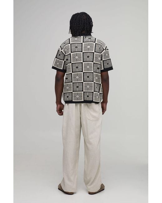 BoohooMAN Natural Tall Half & Waistband Straight Fit Linen Blend Trousers for men