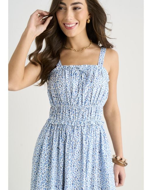 Gini London Blue Ditsy Floral Shirred Bodice Midi Dress