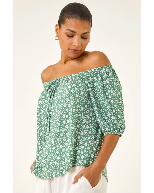Roman Green Floral Puff Print Bardot Top