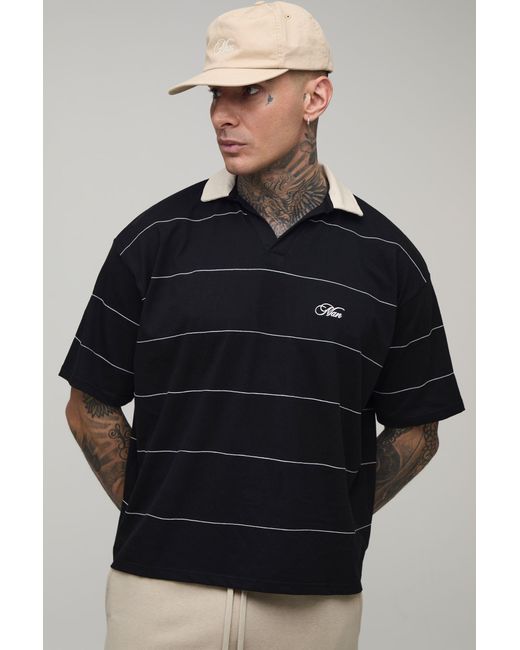 BoohooMAN Blue Tall Oversized Boxy Script Chain Stitch Rugby Polo for men