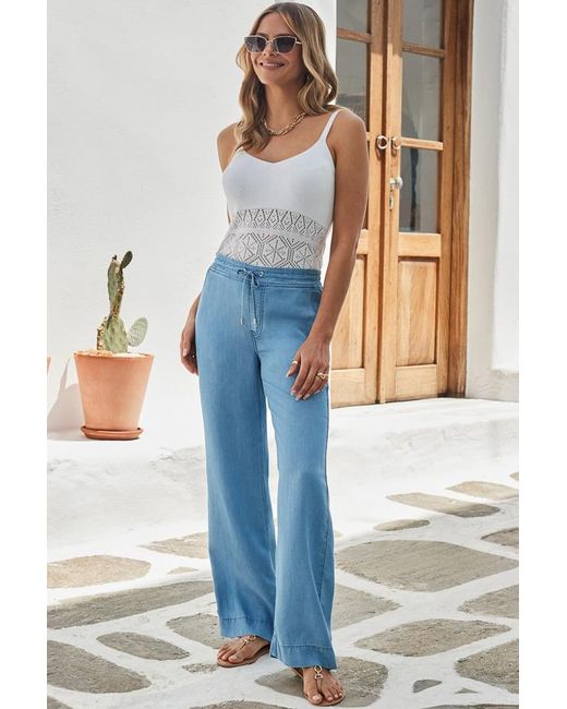 Sosandar Blue Light Wash Denim Drawstring Wide Leg Trousers With Pocket Detail