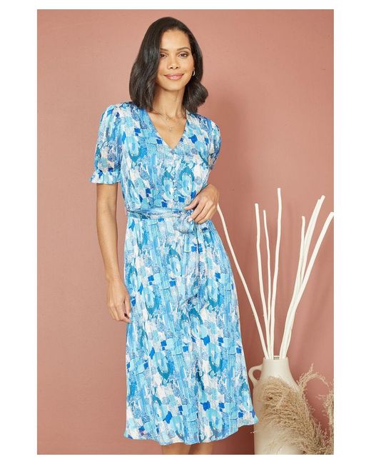 Mela London Blue Abstract Print Tea Dress With Pleats And Front Split