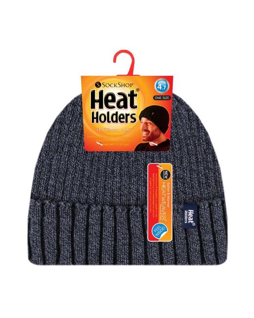 Heat Holders Blue Ribbed Knit Fleece Lined Insulated Warm Turn Over Cuff Thermal Winter Beanie Hat for men