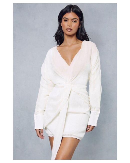 MissPap White Textured Crinkle Twist Front Plunge Shirt Dress