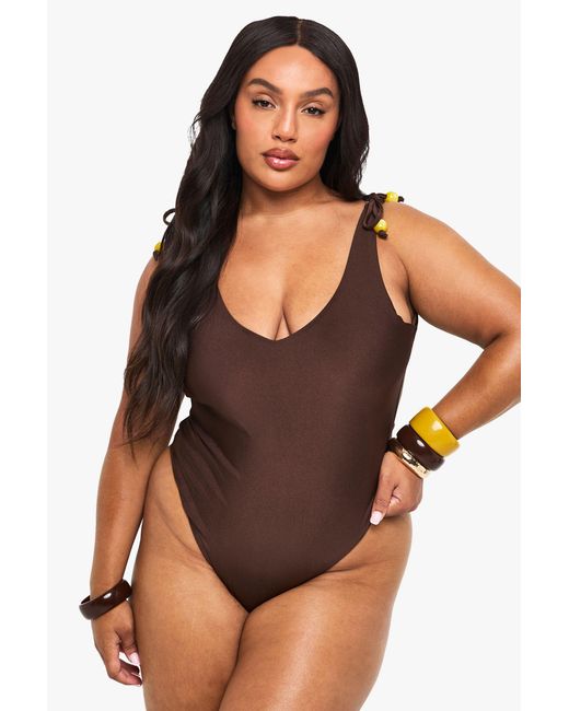 Boohoo Black Plus Bead Charm Backless Bathing Suit