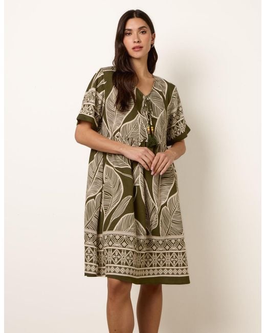 Blue Vanilla Natural Dress With Tropical Leaf Print