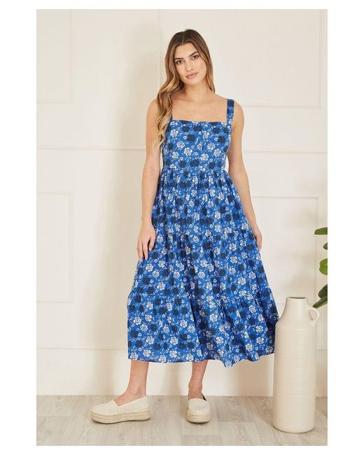 Yumi' Blue Cotton Voile Floral Strappy Midi Sun Dress