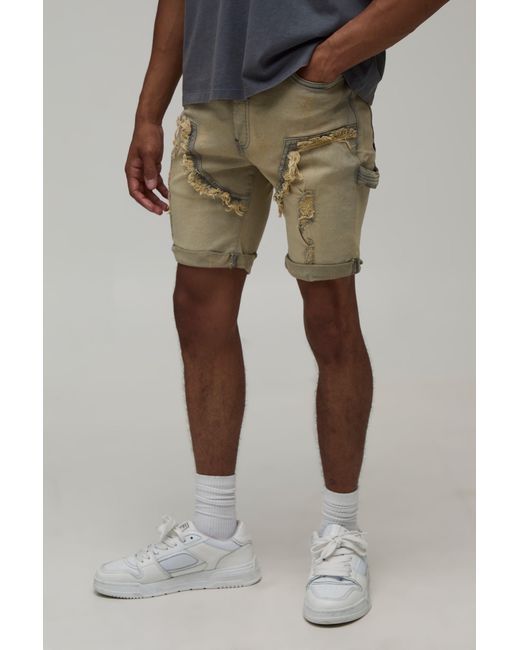 BoohooMAN Green Skinny Stretch Multi Rip Carpenter Washed Shorts Cotton for men