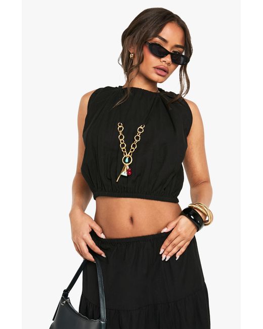 Boohoo Black Linen Puffball Sleeveless Top
