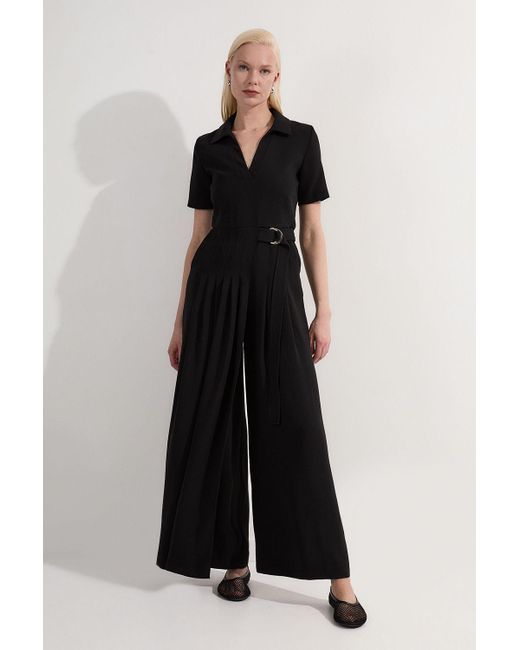 Karen Millen Black Soft Tailored Pleated Belted Jumpsuit