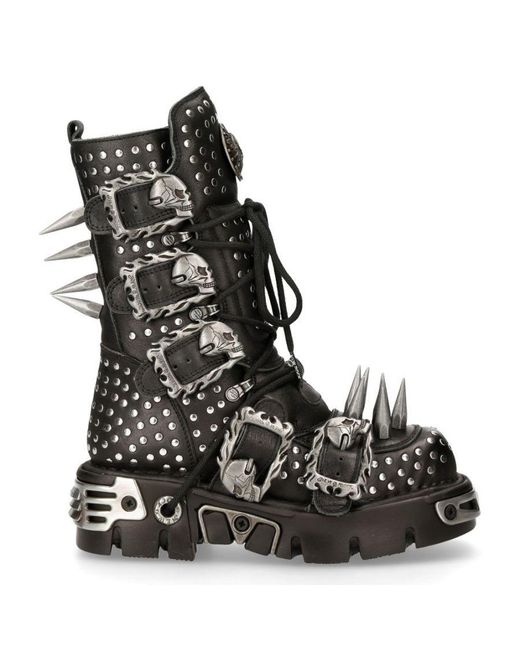 New Rock Black Leather Studded Gothic Boots-1535-S1