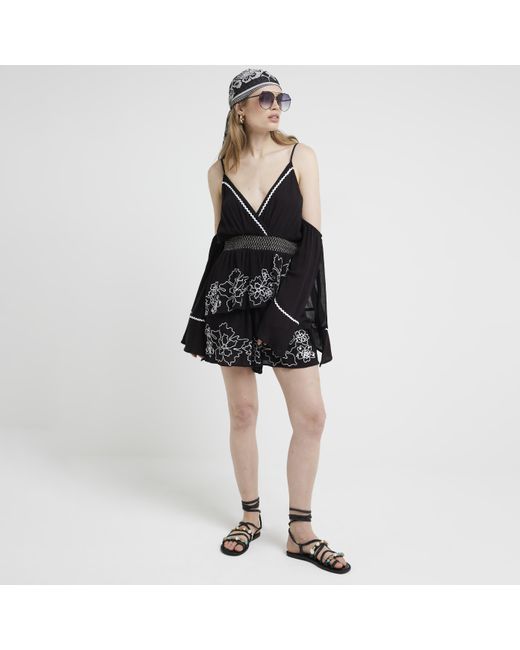 River Island White Playsuit Embroidered Cold Shoulder Viscose