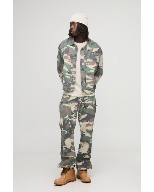 BoohooMAN Green Camo Removable Carpenter Panel Regular Fit Denim Jacket for men
