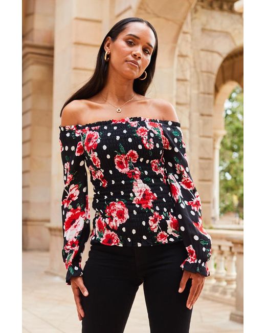 Sosandar Black Floral Print Shirred Body Bardot Top