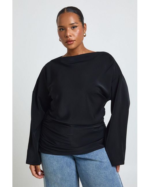 Boohoo Blue Plus Ruched Long Sleeve Blouse