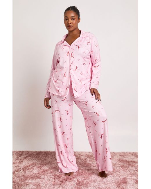 Boohoo Pink Plus Bow Cocktail Long Sleeve Shirt And Trousers Pyjama Set