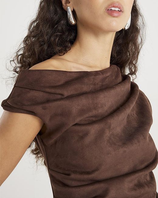 River Island Brown Midi Dress Faux Suede Sleeveless Drape
