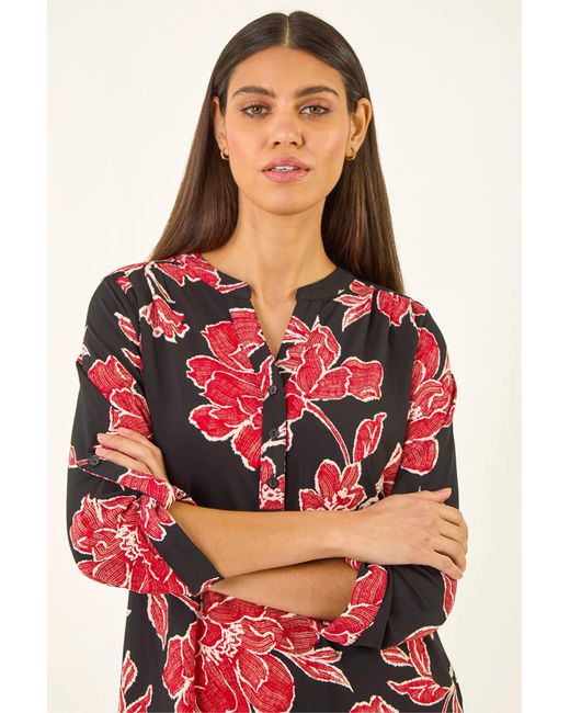 Roman Red Floral Puff Print Stretch Shirt
