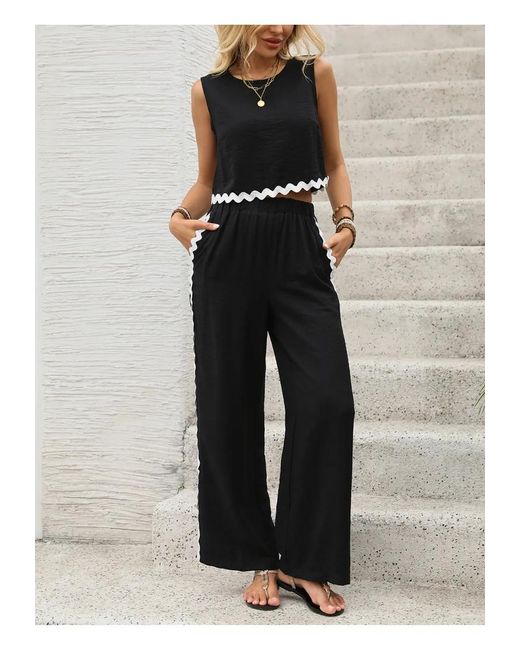 Everyday the Label Black Zweiteiliges Set Mit Rundhalsausschnitt Und Hose Mit Knopfen Und Taschen