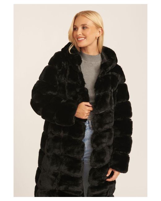 Gini London Black Panelled Hooded Longline Fur Coat