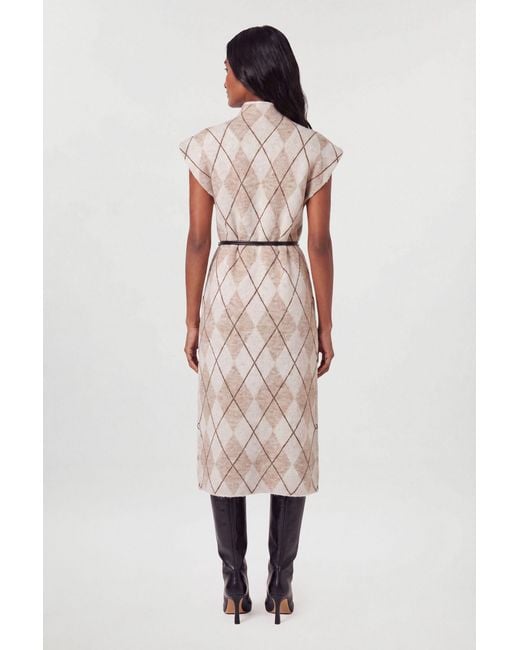 Karen Millen Natural Studded Argyle Wool Blend Cosy Knit Belted Midi Dress