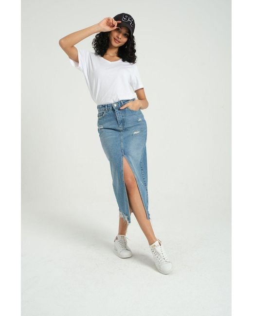 Hiccup Blue Denim High Waist Ripped Midi Skirt With A Front Slit