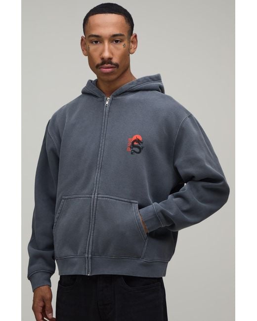 BoohooMAN Gray Oversized Boxy Dragon Washed Zip Through Hoodie for men