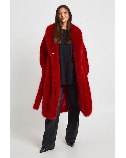 Boohoo Red Maxi Belted Faux Fur Coat