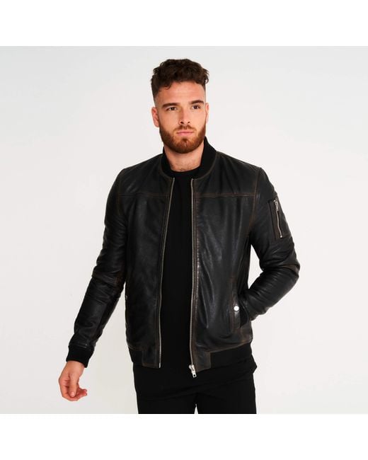 Barneys Originals Washed Leather Bomber Jacket in Black for Men Lyst UK