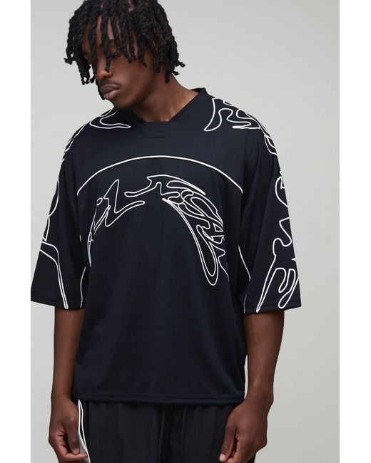 BoohooMAN Blue Tall Oversized Boxy V-Neck Baseball Graffiti Print Sports Top for men