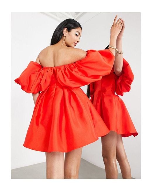 ASOS Red Volume Sleeve Mini Dress With Full Skirt