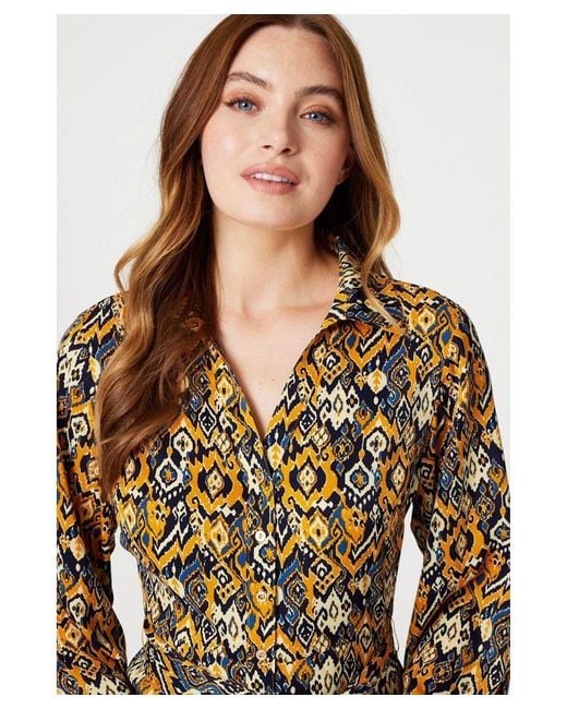 Izabel London Natural Yellow Ikat Print Midi Shirt Dress