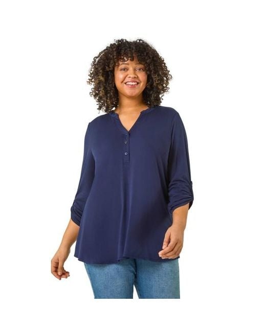 Roman Blue Curve Buttoned Stretch Top