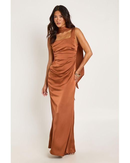 Boohoo Orange Satin Corset Detail Maxi Dress With Neck Scarf
