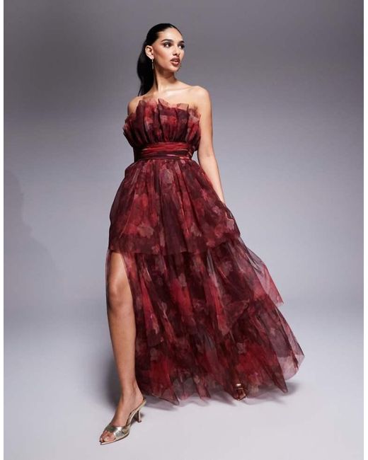 LACE & BEADS Red Bandeau Tulle Maxi Dress