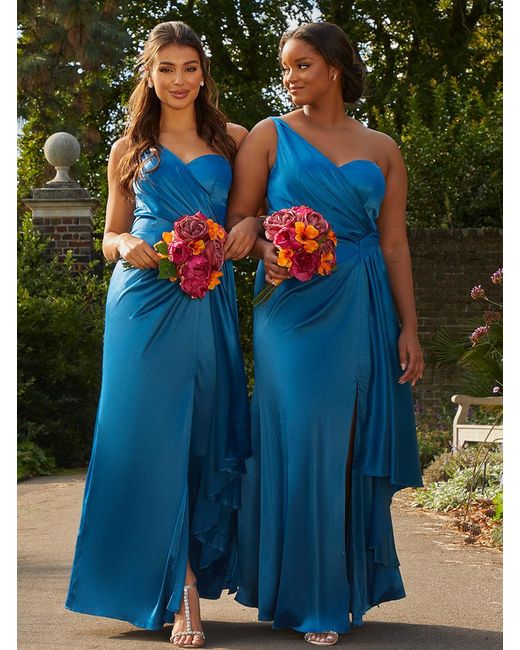 Chi Chi London Blue Plus Size One Shoulder Satin Maxi Dress