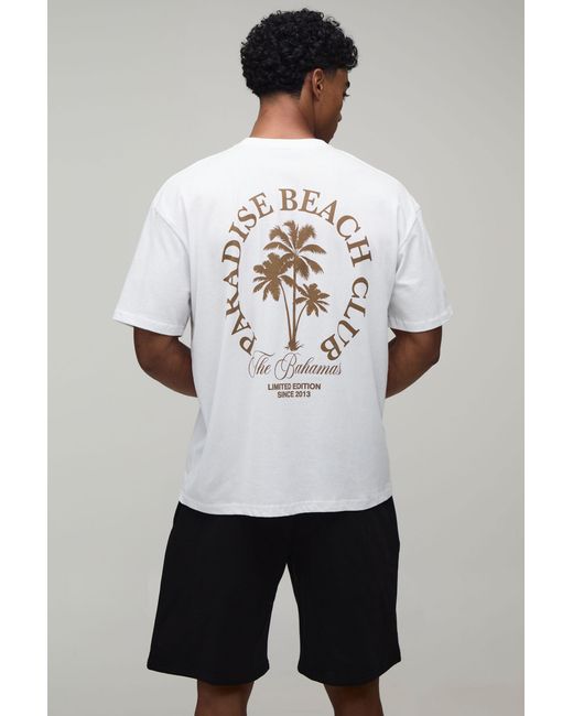 BoohooMAN White Oversized Paradise Beach Club Palm Tree T-Shirt & Short Set for men