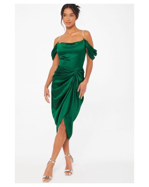 Quiz Green Petite Satin Ruched Cold Shoulder Midi Dress