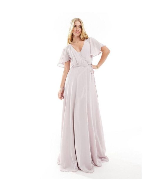ASOS White Bridesmaid Flutter Sleeve Maxi Dress With Full Skirt And Self Tie