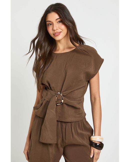 Boohoo Brown Trim Detail Cap Sleeve Top