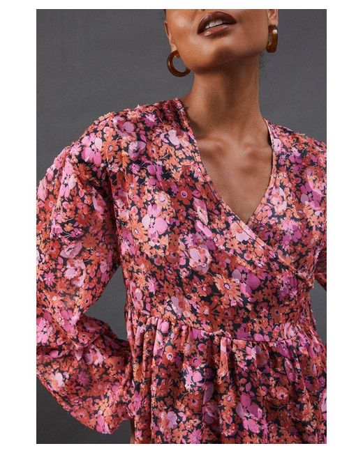 Warehouse Red Floral Burnout Chiffon Wrap Smock Midi Dress