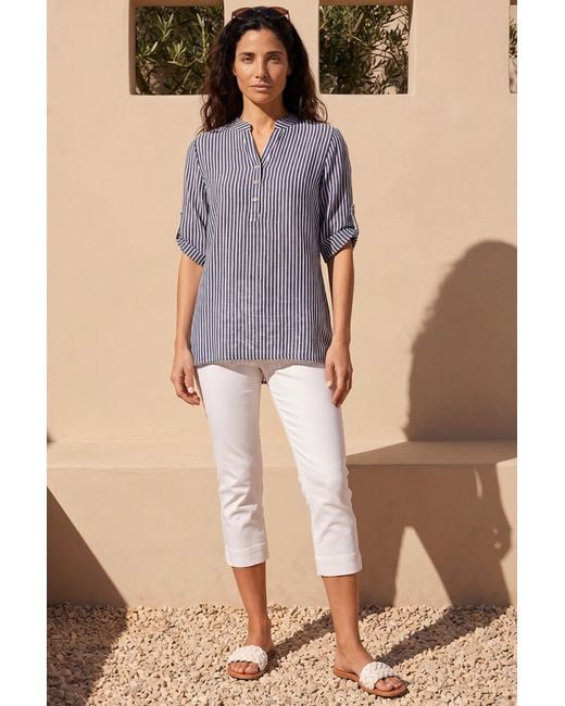 Roman Blue Classic Stripe Button Front Top