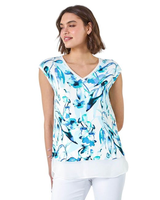 Roman Blue Floral Print V-Neck Chiffon Hem T-Shirt