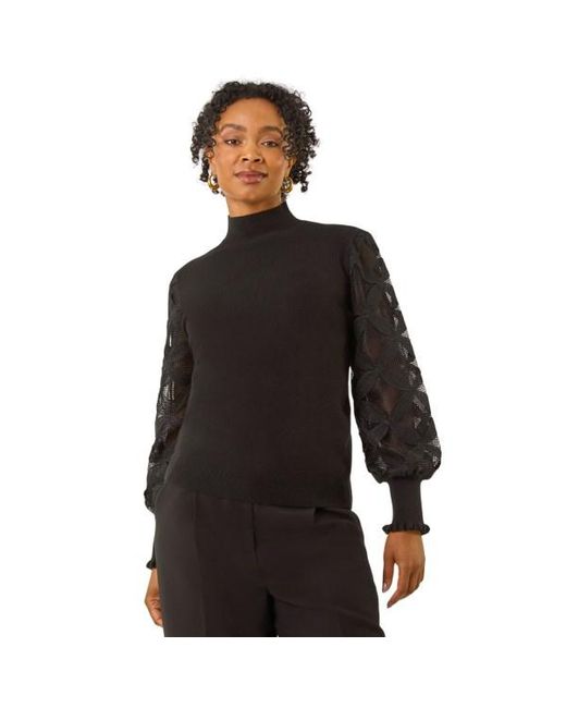 Roman Black Petite Lace Sleeve Knit Jumper