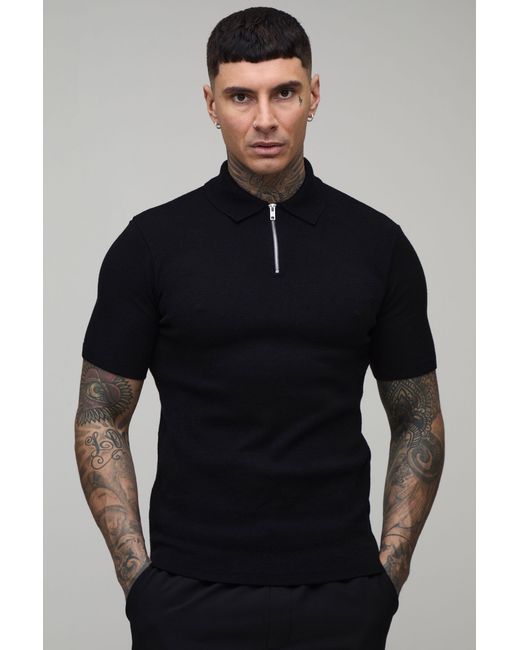 BoohooMAN Blue Tall Muscle Fit Soft Touch 1/4 Zip Knitted Polo for men